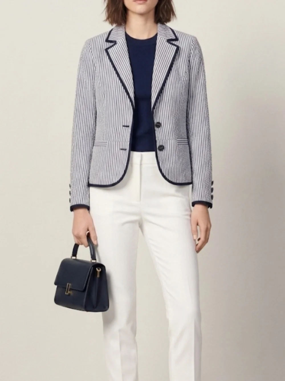 Sandro Cotton Blazer Blue White Stripe Nautical Styling Seersucker Jacket Large